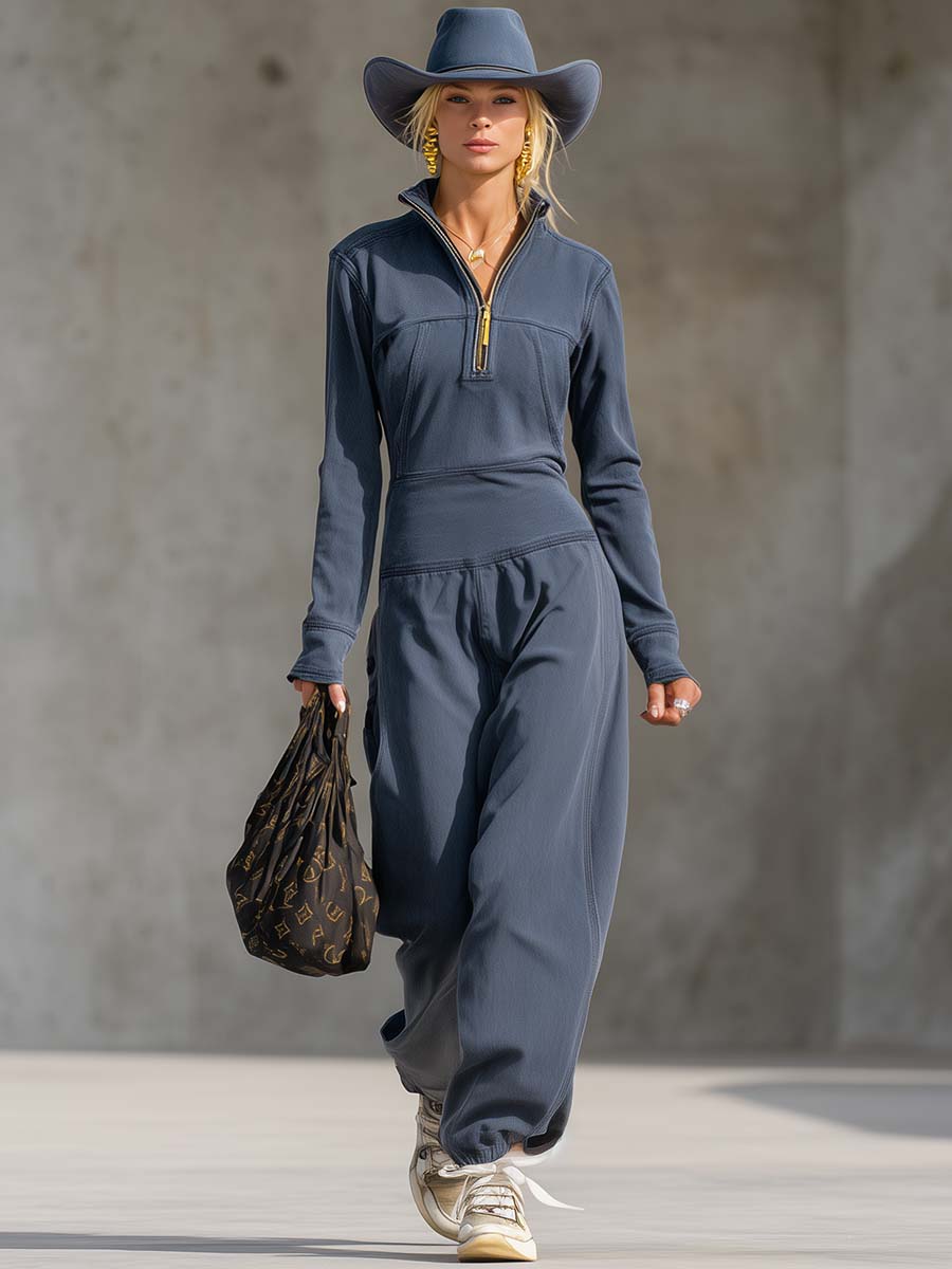 Exquisito mono deportivo informal de algodón gris azulado con solapa y cremallera frontal de manga larga estilo retro