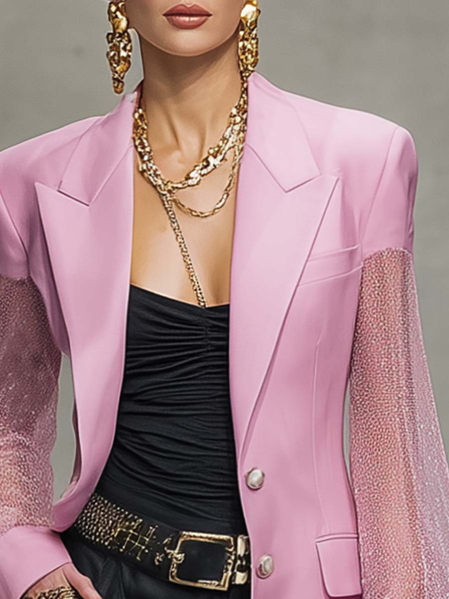Exquisite And Elegant Peaked Lapel Single-breasted 2-button Mesh Sleeve Pink Satin Blazer