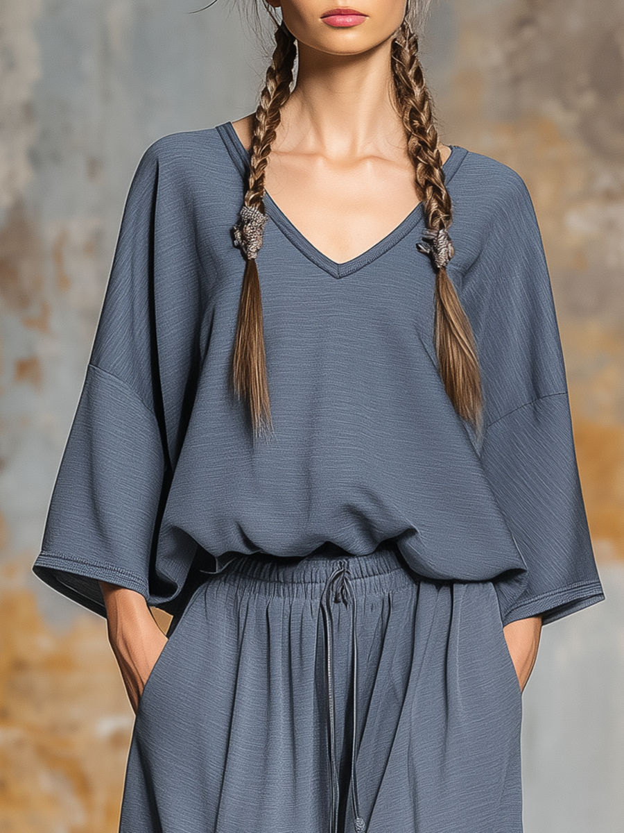 Casual Loose V-neck Top Wide-leg Pants Sports Suit