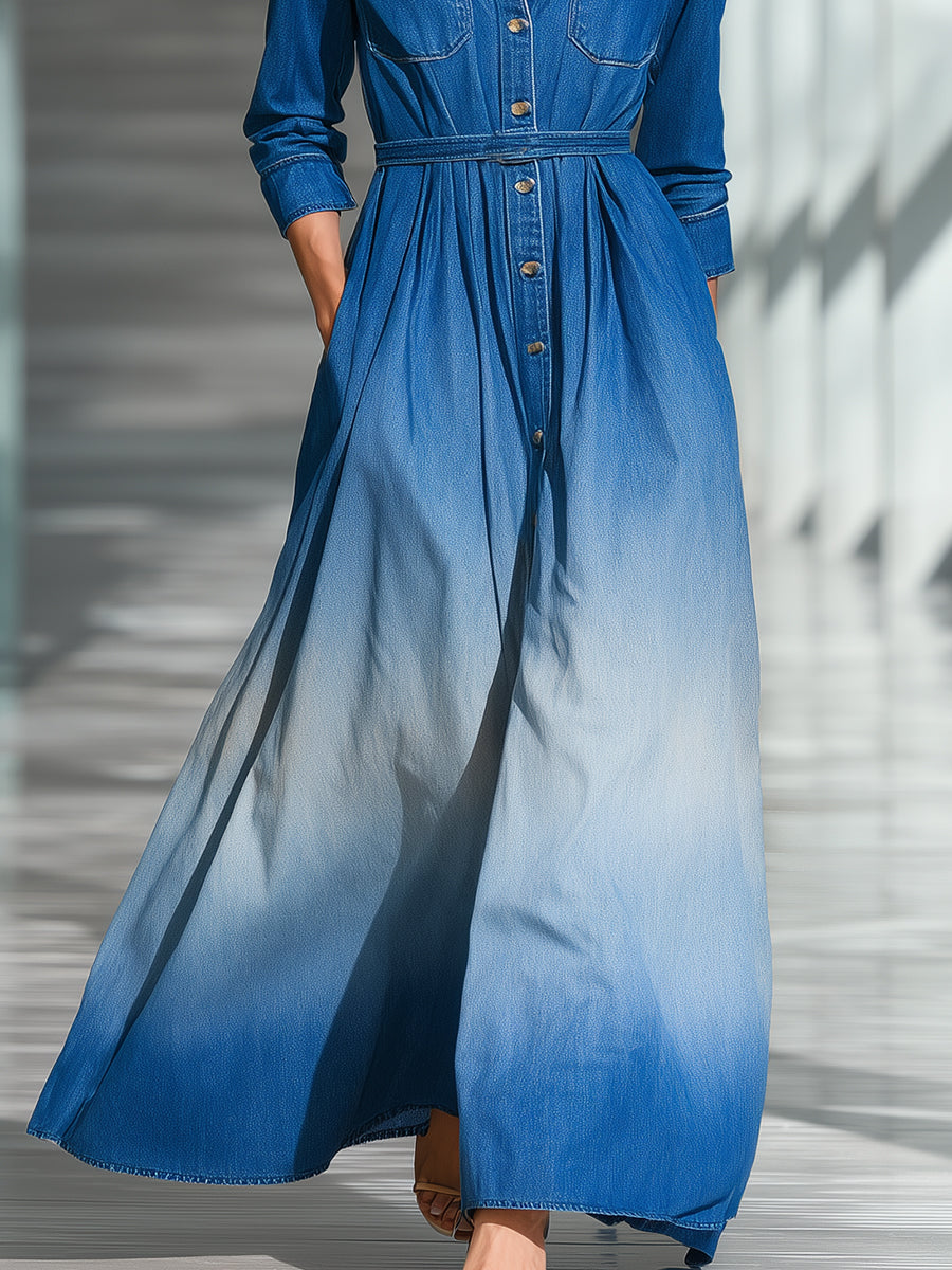 Fashion Casual Gradient Blue Denim Long-sleeved Shirt Maxi Dress