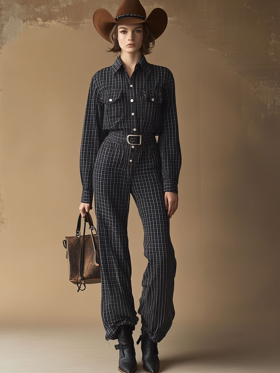 Casual Retro Long-Sleeved Shirt-Style Black And White Plaid Lace-Up Jumpsuit