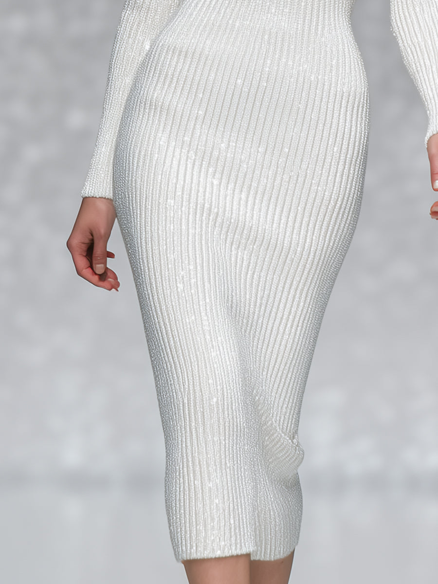 Elegant Shimmering Knitted One-shoulder Three-dimensional Flower Midi Dress