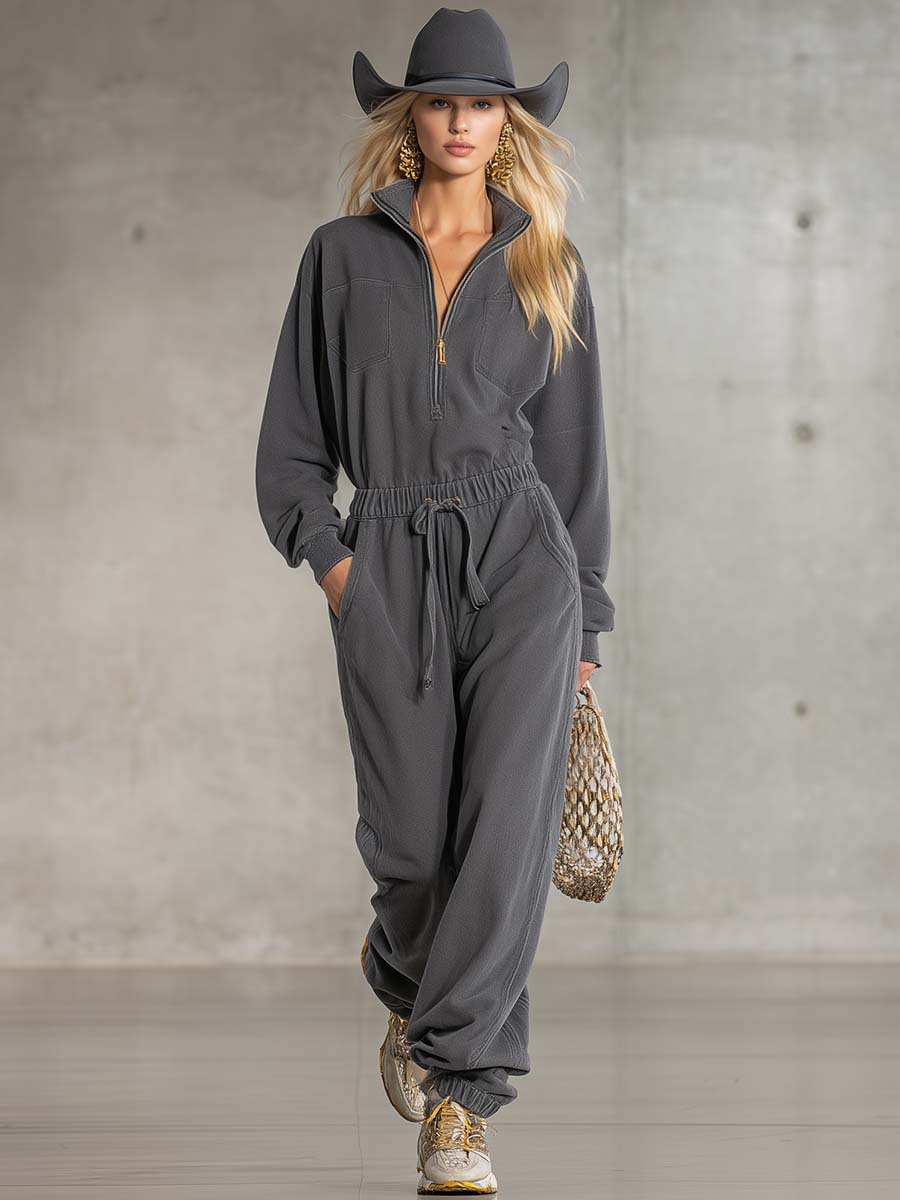 Casual Fashion Sports Sense Stand Collar Front Zipper Waist Elastic Loose Gray Jumpsuit