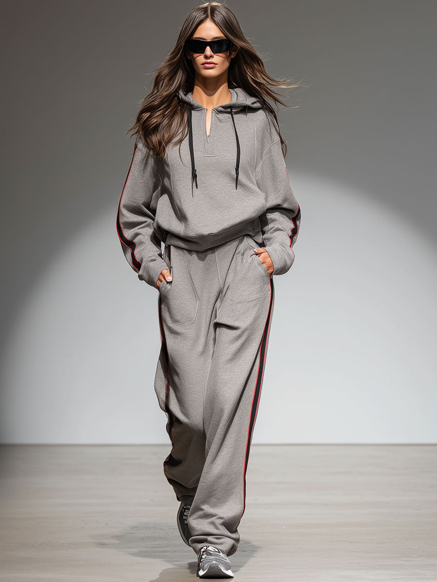 Casual Retro Striped Gray Hooded Sweatshirt Pants Sports Set