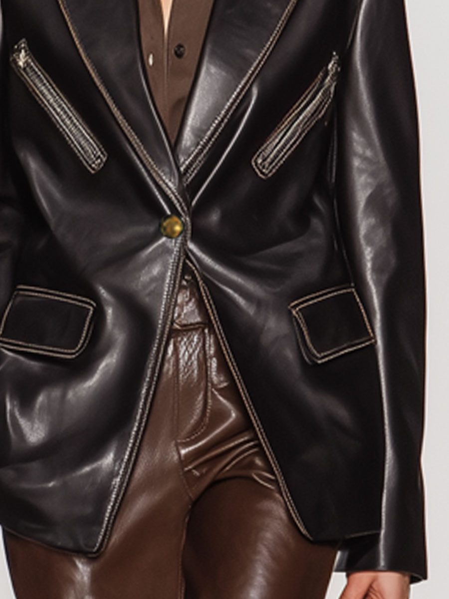 Casual Vintage Black Faux Leather Blazer