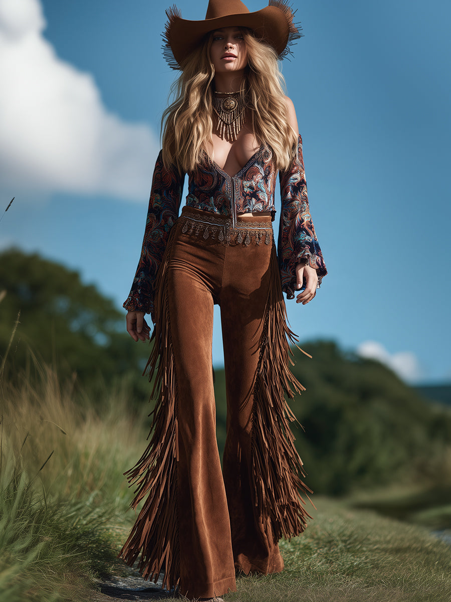 Brown Suede Flared Western Fringed Hem Pants