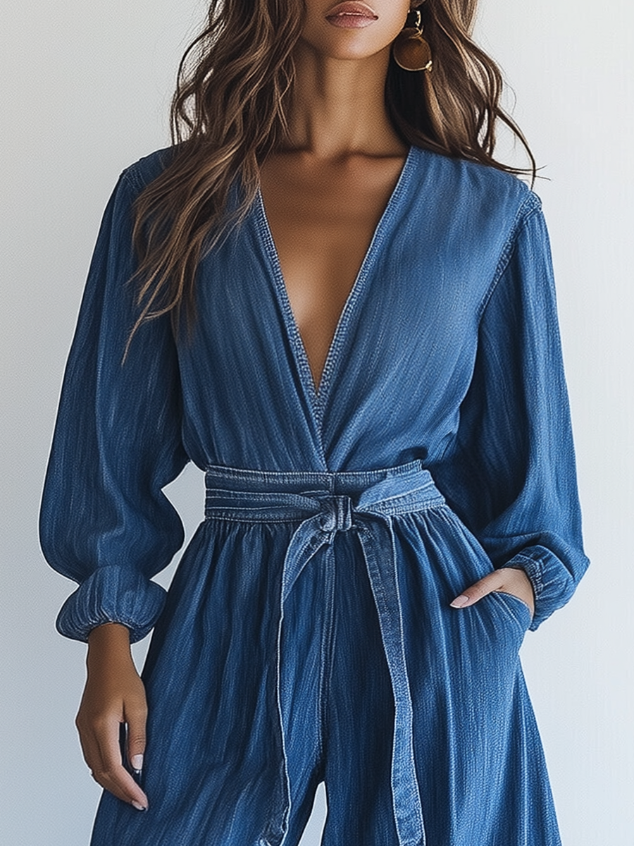 Elegant Retro V-neck Belted Long Sleeve Jumpsuit