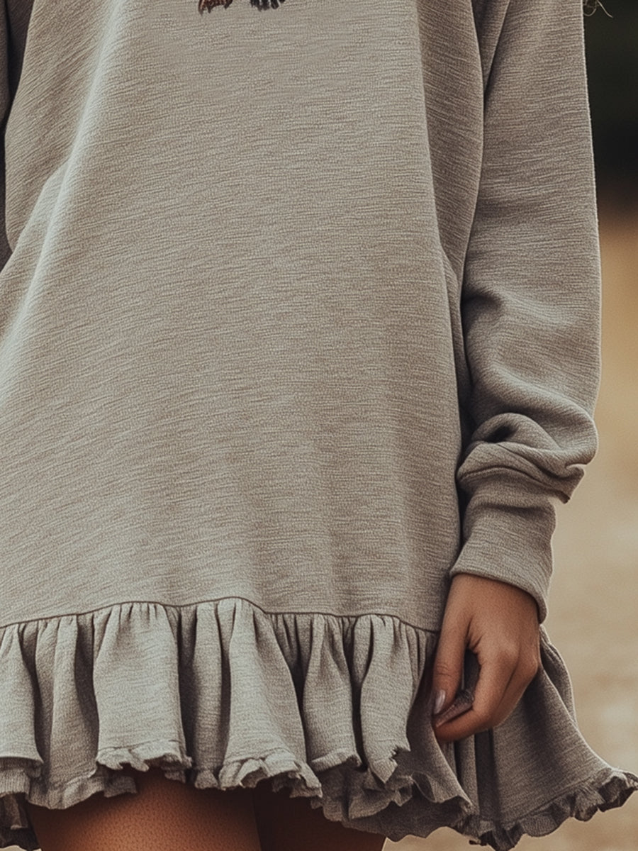 Casual Grey Sweatshirt Round Neck Embroidered Mini Dress