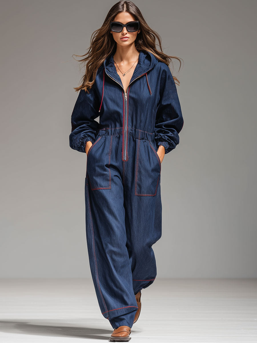 Casual Loose Retro Dark Blue Denim Topstitched Hooded Sports Jumpsuit
