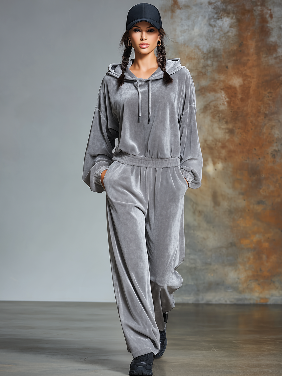 Casual Simple Loose Hooded Velvet Jumpsuit