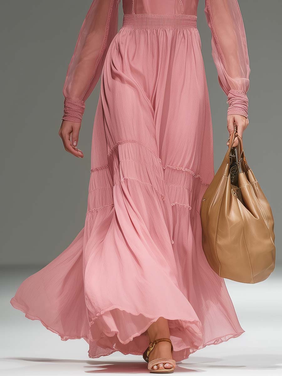 Exquisite Vintage Western Round Neck Transparent Long Sleeve Pink Chiffon Maxi Dress