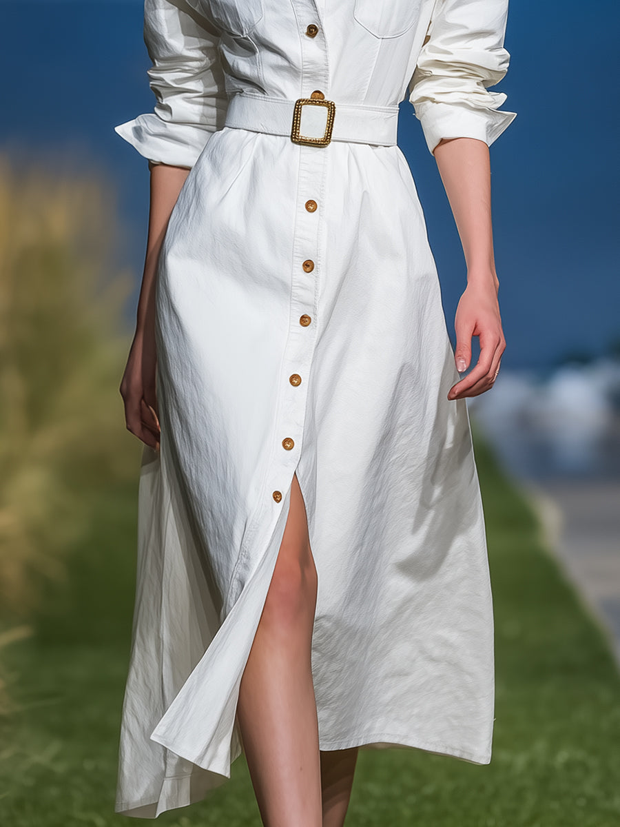 Fashion Casual Button Decoration White Long Sleeve Shirt Midi Dress