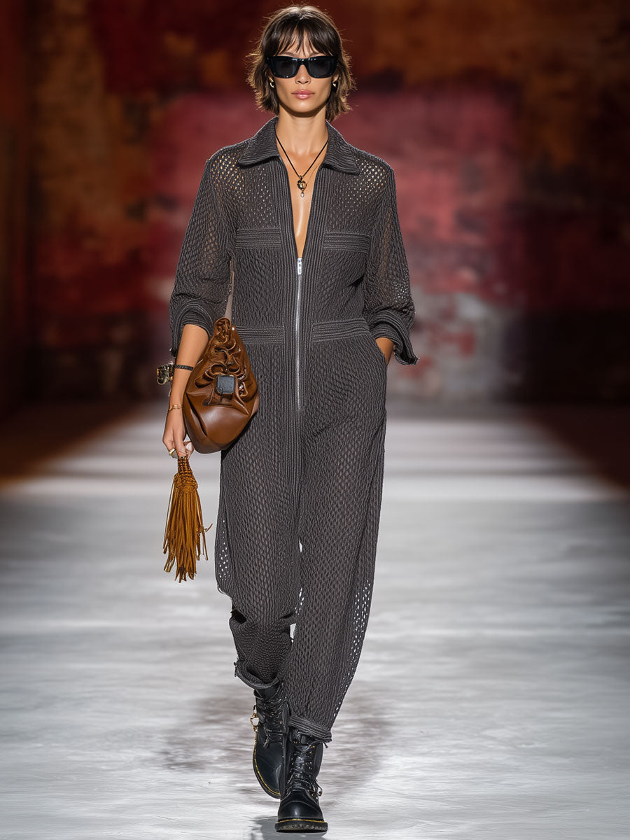 Casual Retro Gray Mesh Knit Long Sleeve Zipper Jumpsuit