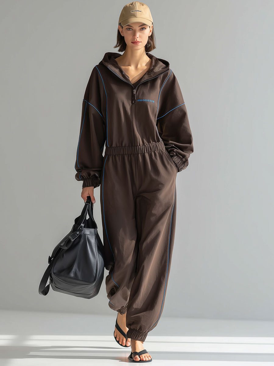 Casual Retro Long Sleeve Hooded Embroidered Blue Trim Cocoa Brown Sports Jumpsuit