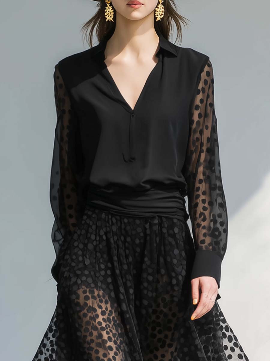 Classic And Fashionable V-neck Long-sleeved Hem Layered Polka Dot Organza Black Chiffon Maxi Dress