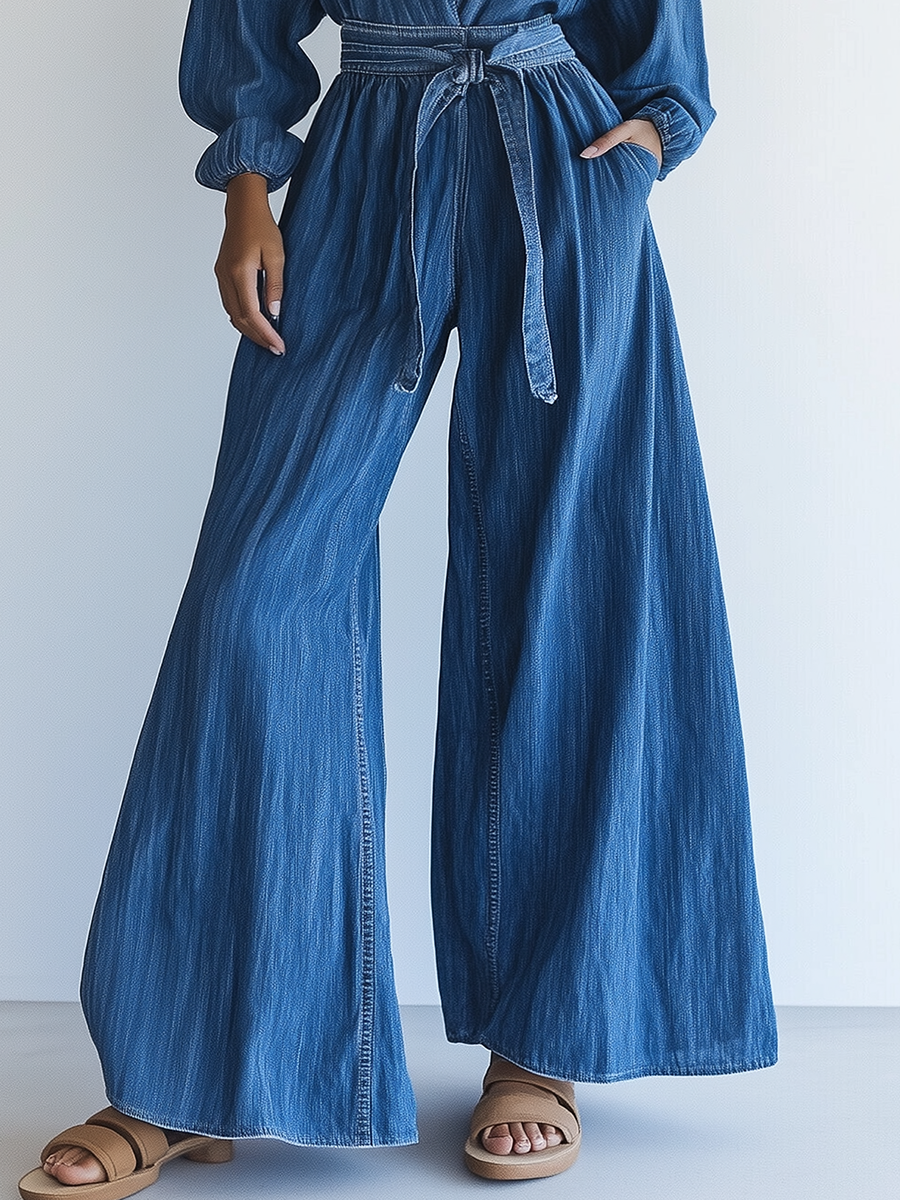 Elegant Retro V-neck Belted Long Sleeve Jumpsuit