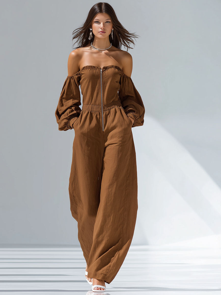 Cotton Off-the-shoulder Long-sleeved Wide-leg Jumpsuit