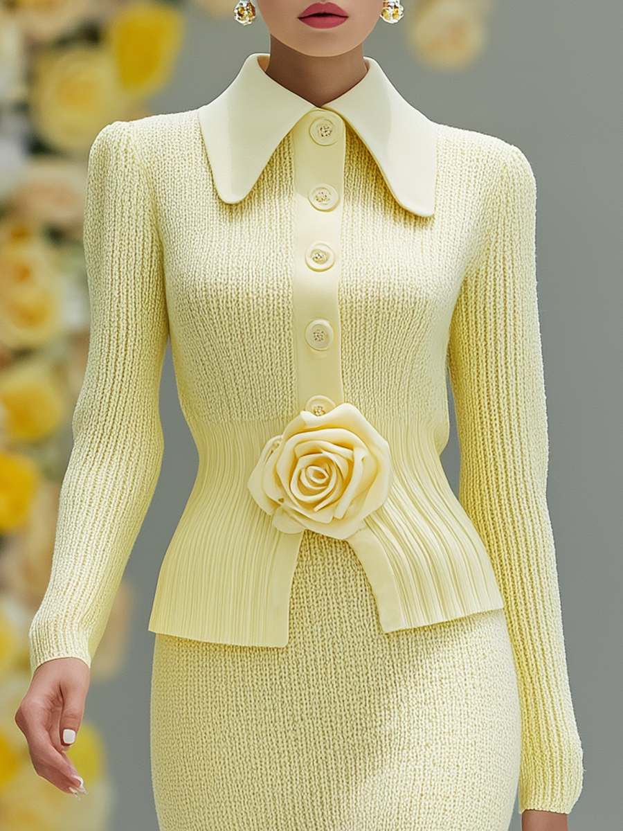 Elegant Floral Embellished Knit Top And Skirt Two-piece Set