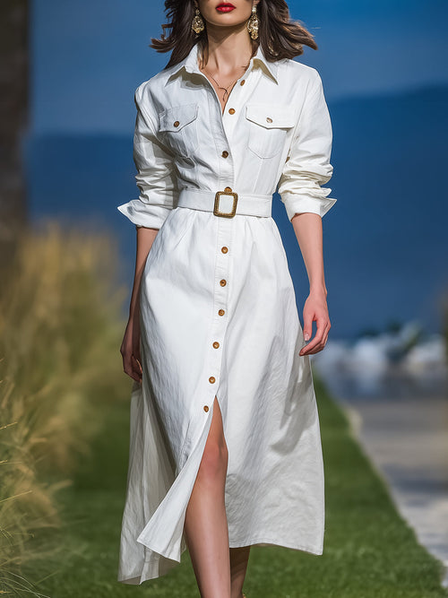 Fashion Casual Button Decoration White Long Sleeve Shirt Midi Dress