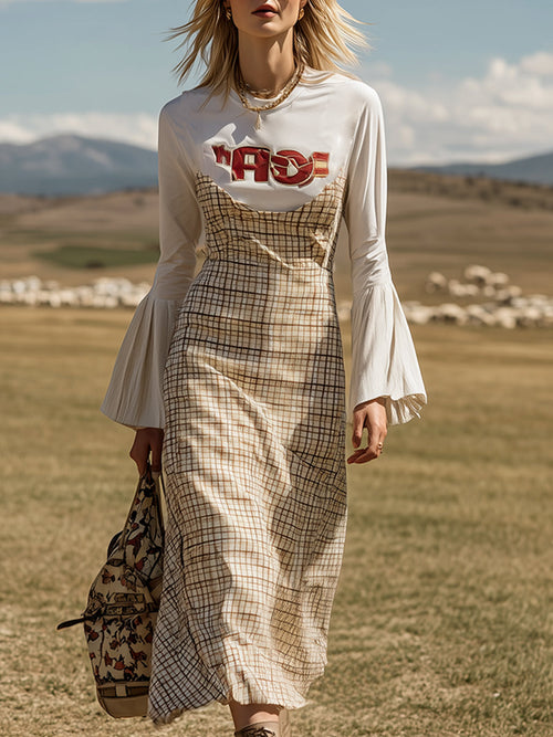 Casual Design Printed White Plaid Long Sleeve Maxi Dress