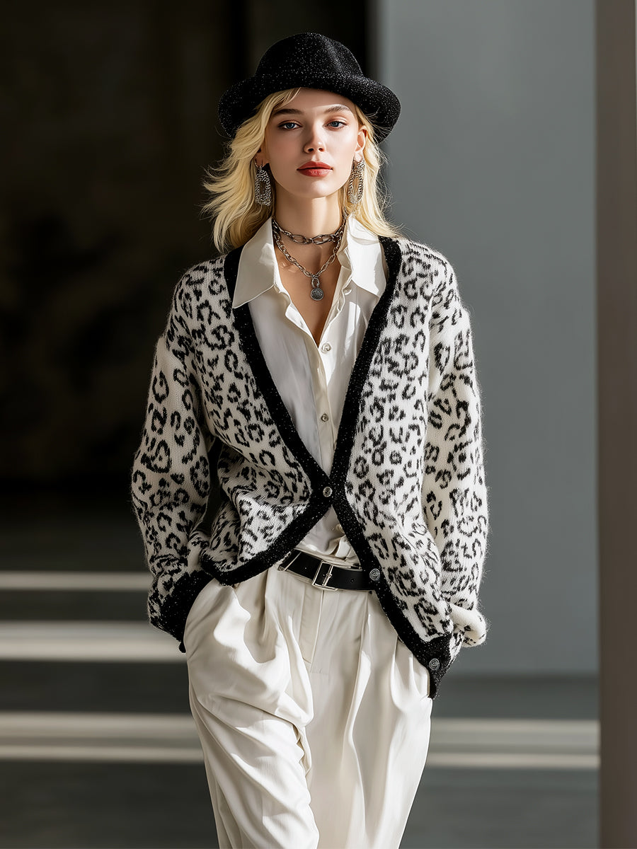 Casual And Fashionable White Leopard Print Button Cardigan