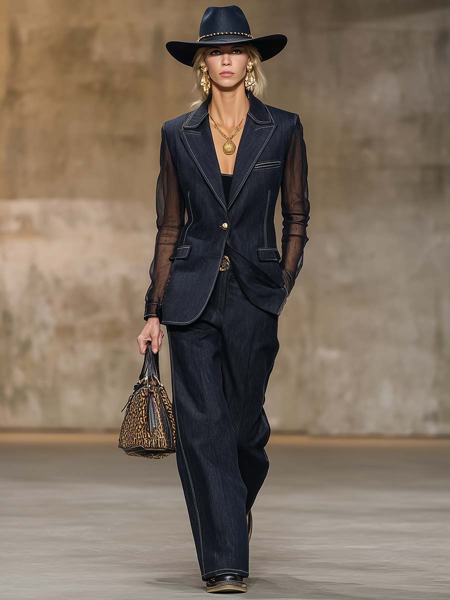 Exquisite Casual Single-button Organza Long-sleeved Dark Blue Denim Suit
