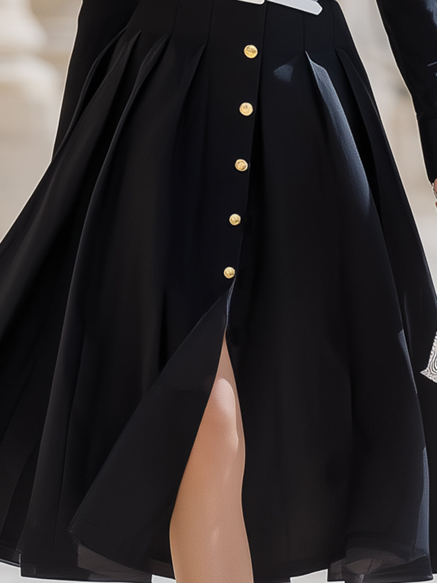 Designer Black Shirt Collar Button Flared Skirt Midi Dress