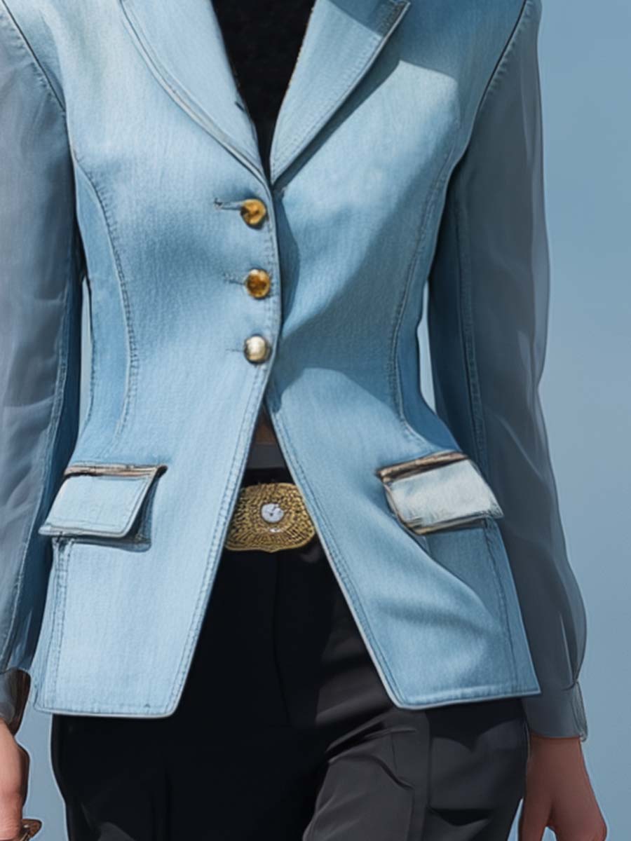 Exquisite And Elegant Notch Lapel Transparent Long Sleeve Light Blue Denim Short X-shaped Blazer