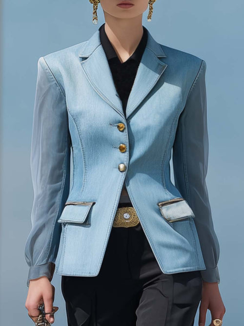 Exquisite And Elegant Notch Lapel Transparent Long Sleeve Light Blue Denim Short X-shaped Blazer
