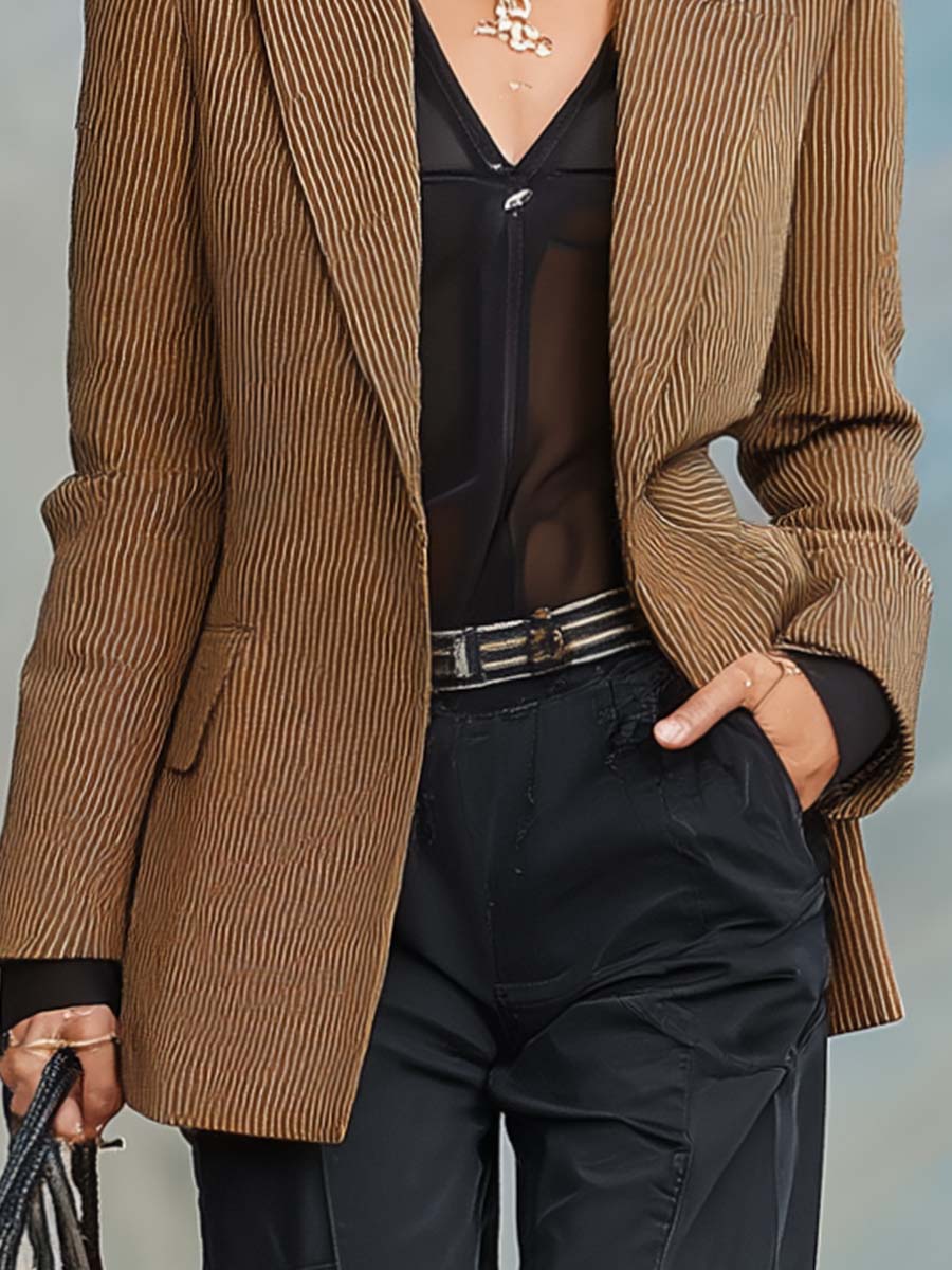 Casual And Fashionable Peak Lapel Single Button Brown Corduroy X-shaped Blazer