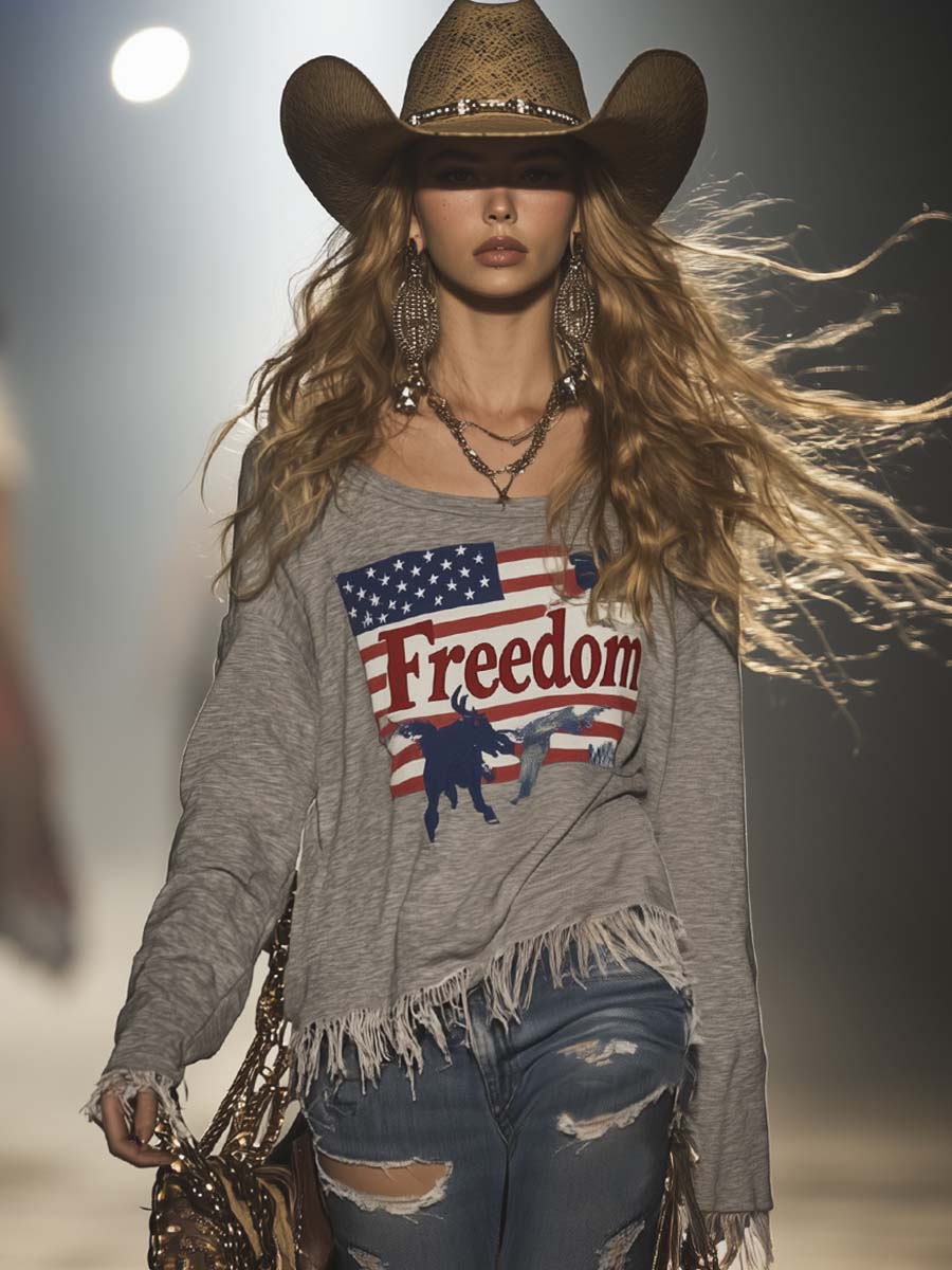 Casual Retro Western Crew Neck Long Sleeve Freedom Flag Print Tassel Grey T-Shirt Top