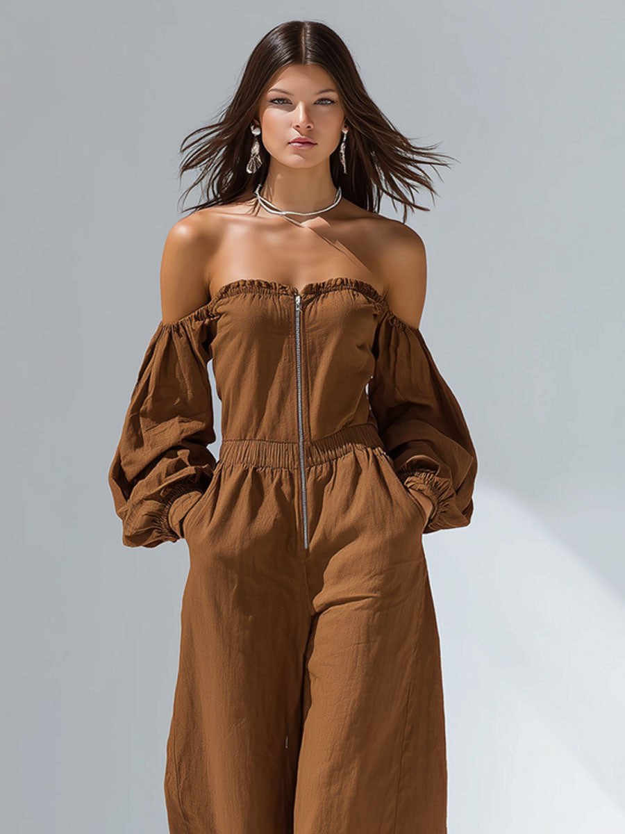 Cotton Off-the-shoulder Long-sleeved Wide-leg Jumpsuit