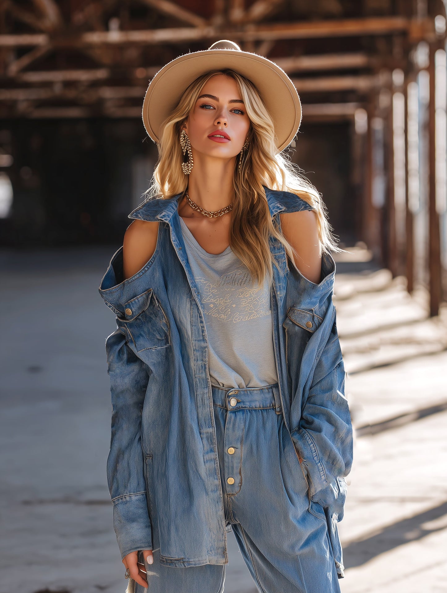 Casual Loose Lapel Shoulder-Baring Denim Jacket