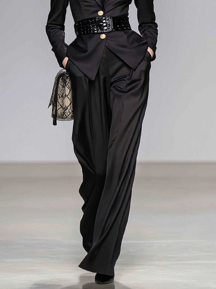Black Lapel Single-breasted Suit And Wide-leg Pants Suit
