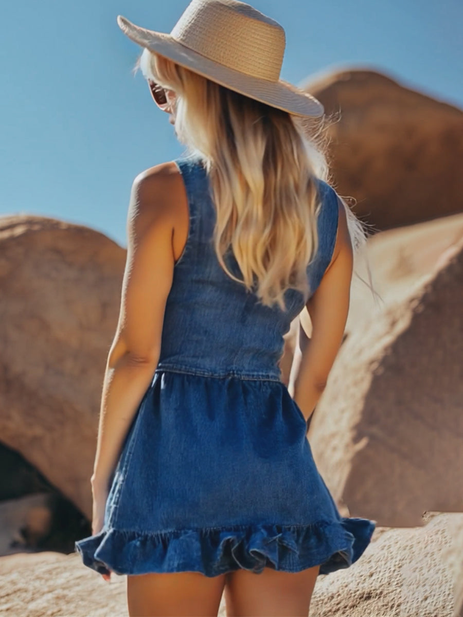 【Envío en 24 horas】Vestido mini de mezclilla sin mangas con botones y volantes de moda