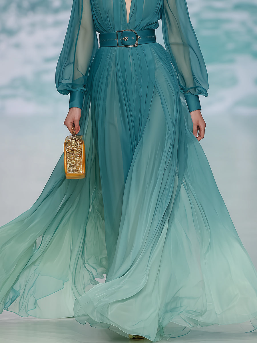 Elegant Green Gradient Lapel Chiffon Long-sleeved Maxi Dress