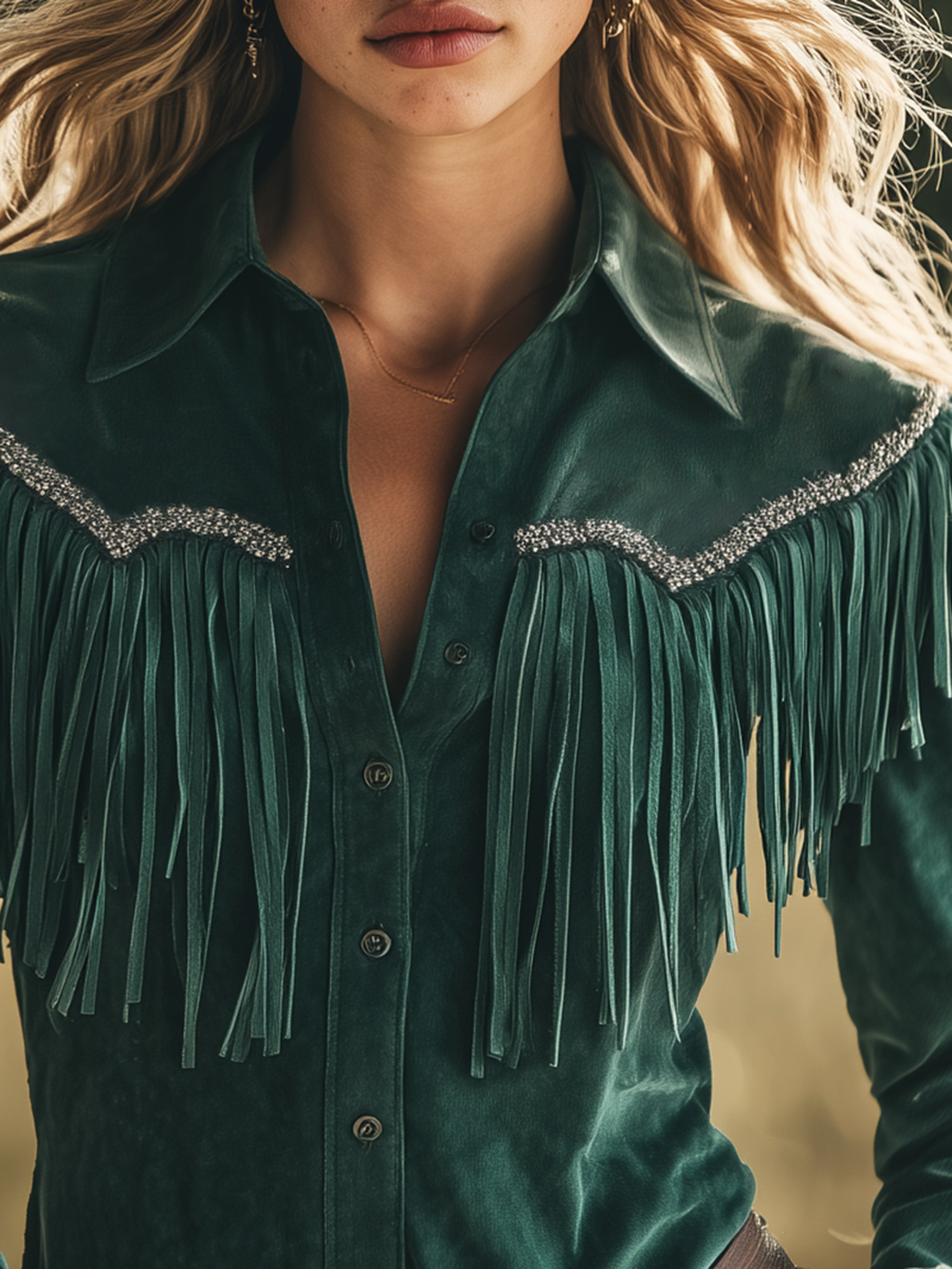 Bohemian Retro Tassel Lapel Long Sleeve Suede Shirt