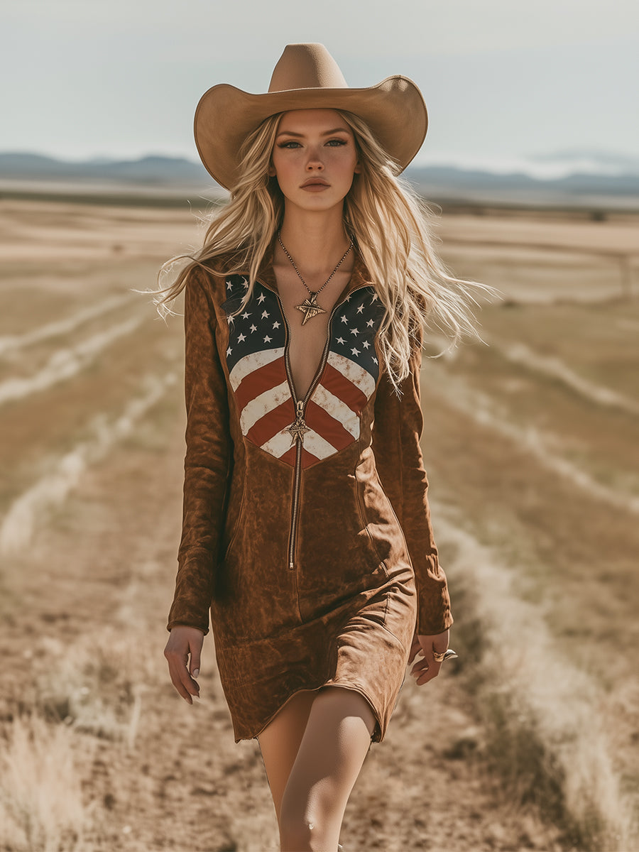 Casual Personalized Print Brown Faux Suede Lapel Zipper Long Sleeve Mini Dress