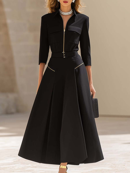Fashion Classic V-neck Front Zipper Long Sleeve A-line Black Maxi Dress