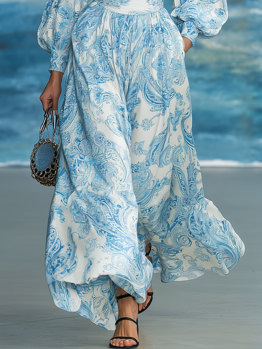 Elegant Retro Paisley Print Balloon Sleeve Maxi Dress