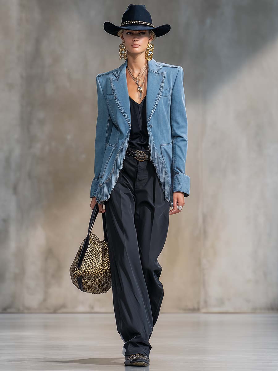 Exquisito blazer vaquero azul en forma de X con solapa de pico y borlas decorativas de estilo occidental informal