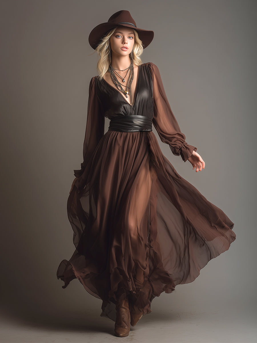 Elegant Retro V-neck Brown Chiffon Long Sleeve Maxi Dress