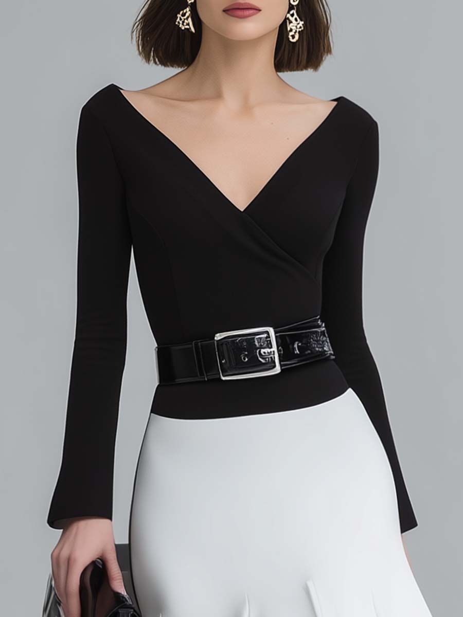 Elegant Classic Retro V-neck Long-sleeved Pleated Skirt Black And White Contrast Midi Dress