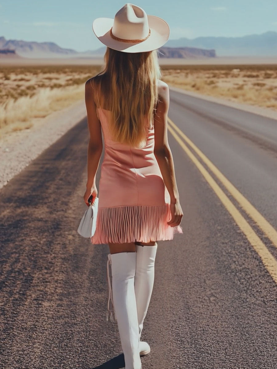 【24-hour shipping out】Vacation Retro Cameo Rose Pink Suede Vest Fringe Mini Dress