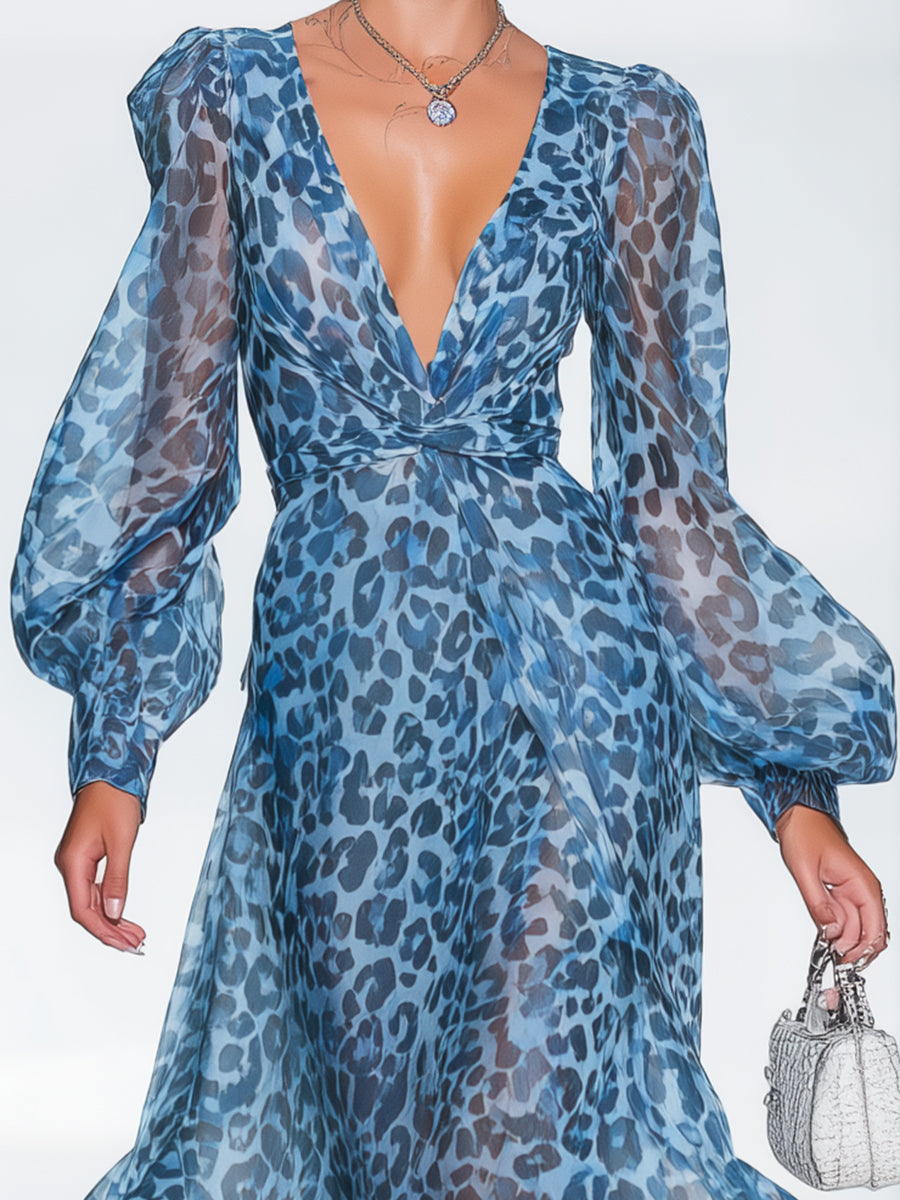Elegant And Fashionable Chiffon Blue Leopard Print Long Sleeve V-neck Flowing Maxi Dress