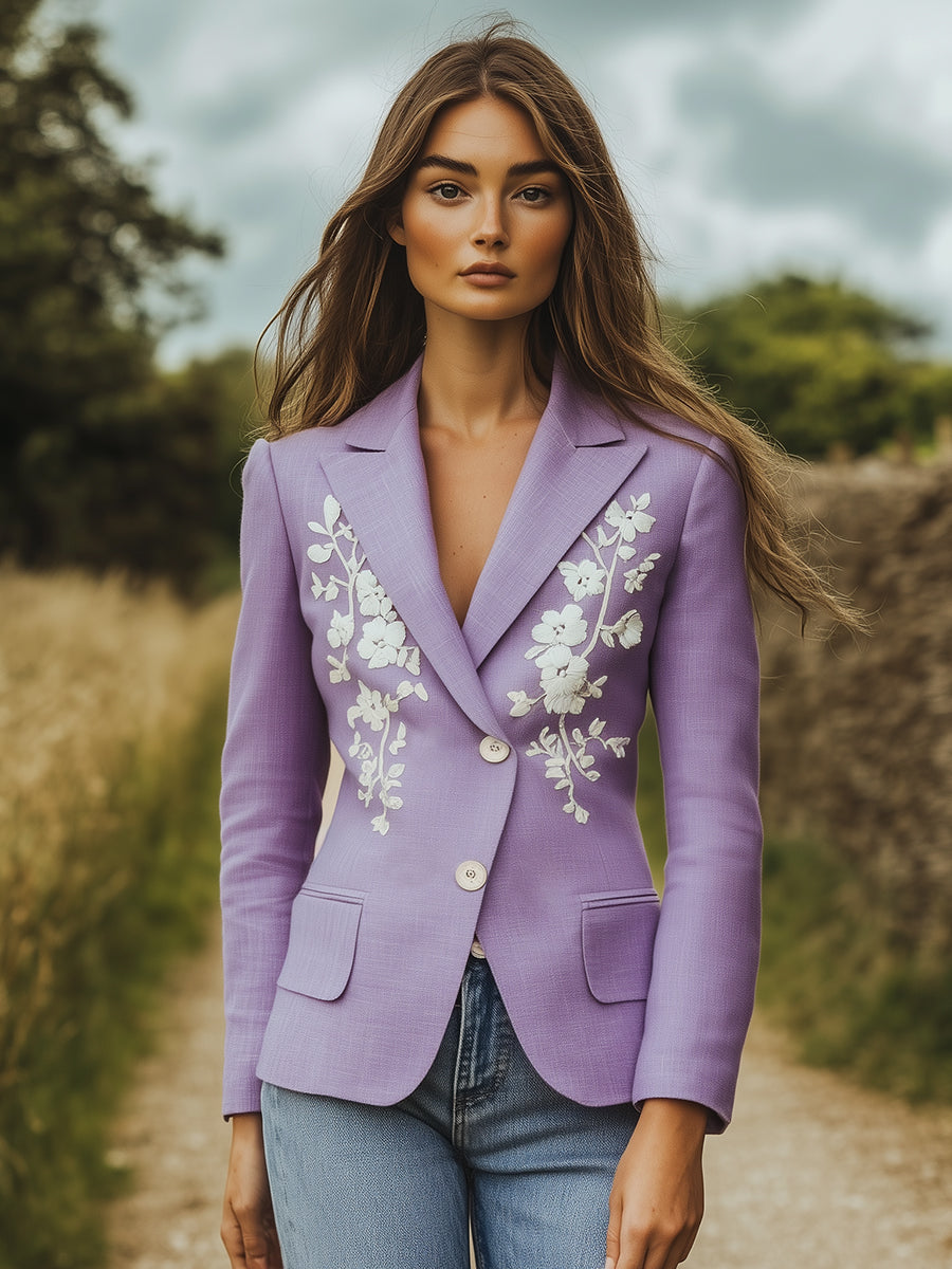 Designer Purple Linen Button-down Collar Embroidered Blazer
