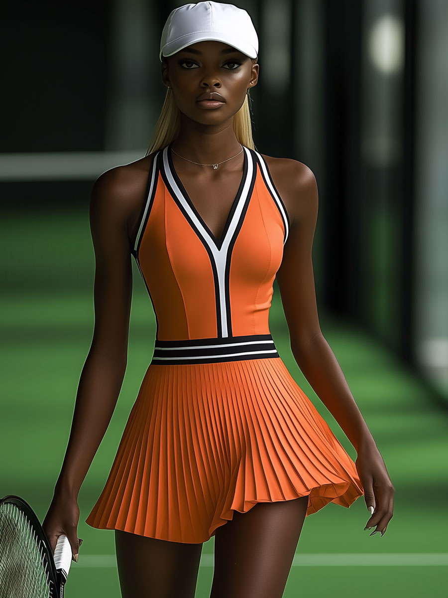 【Envío en 24 horas】Vestido mini plisado sin mangas naranja con ribete blanco y negro deportivo de moda