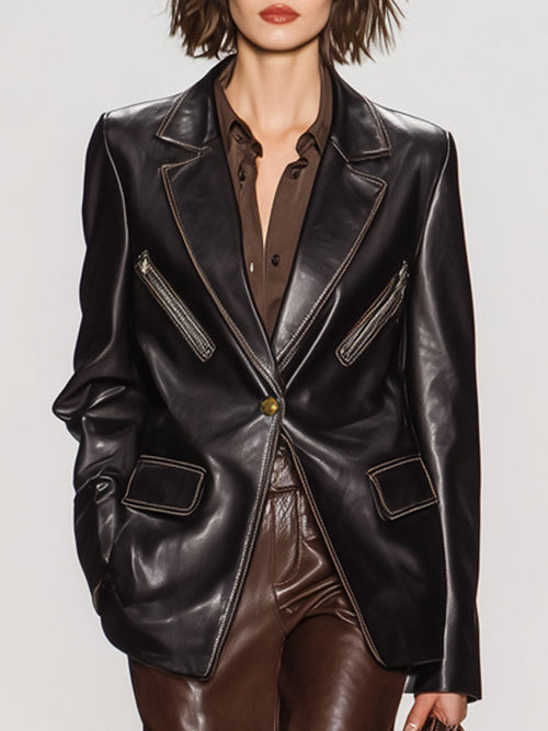 Casual Vintage Black Faux Leather Blazer