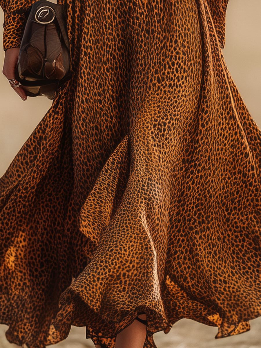 Brown Leopard Print V-neck Flared Maxi Dress