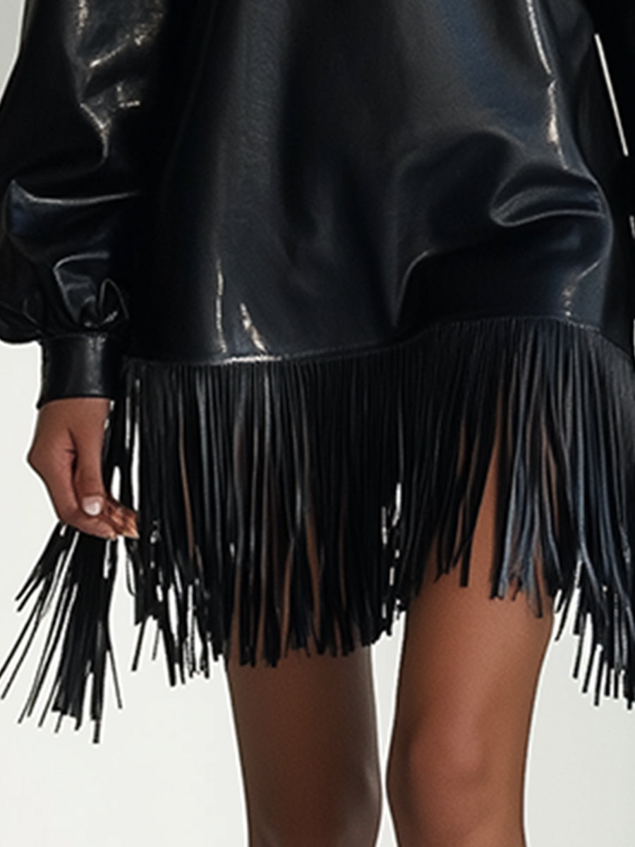 Fashion Loose Black Shiny PU Long Sleeve Tassel Mini Dress